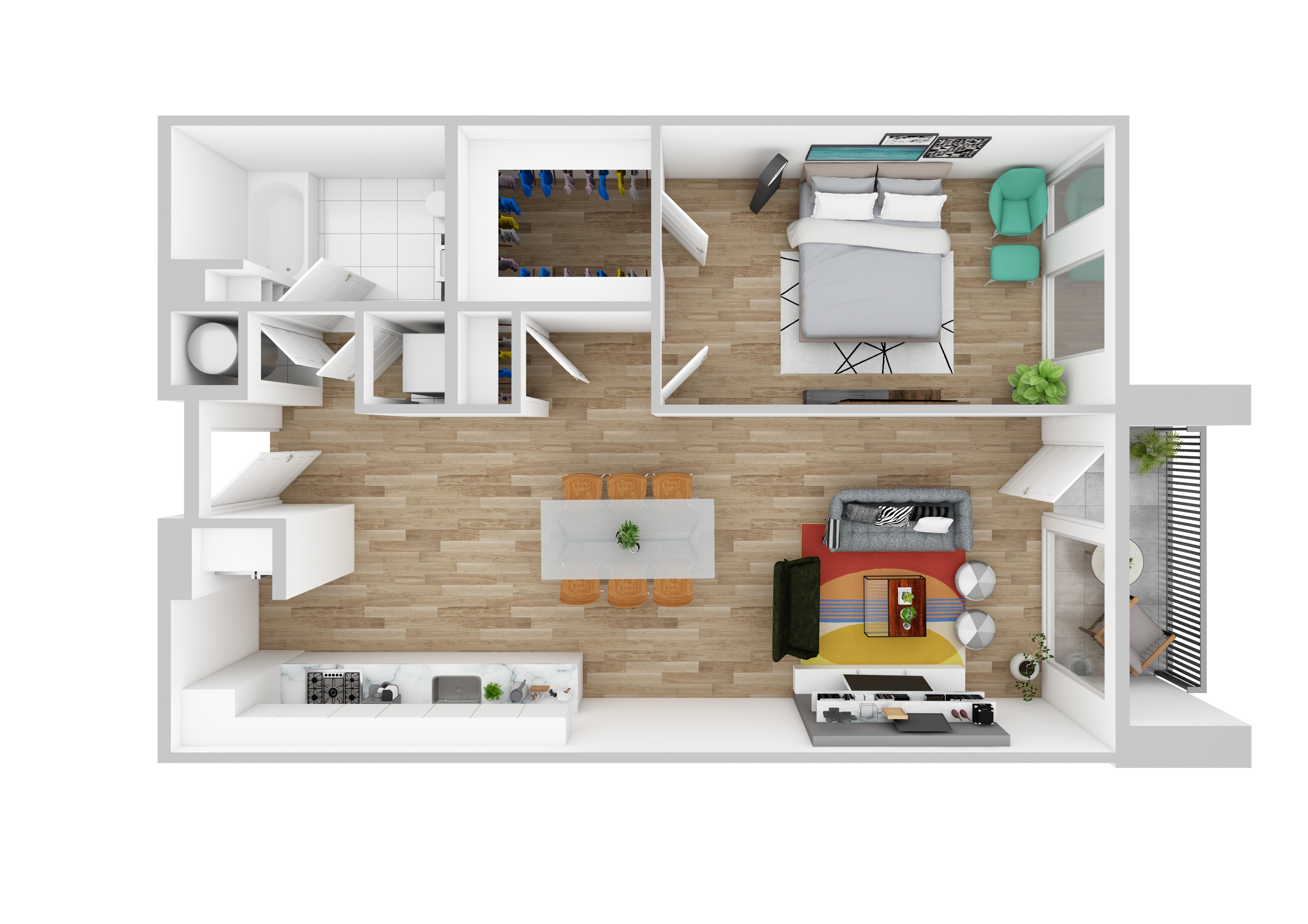Floor plan for 1 bed, 1 bath, 955 sqft